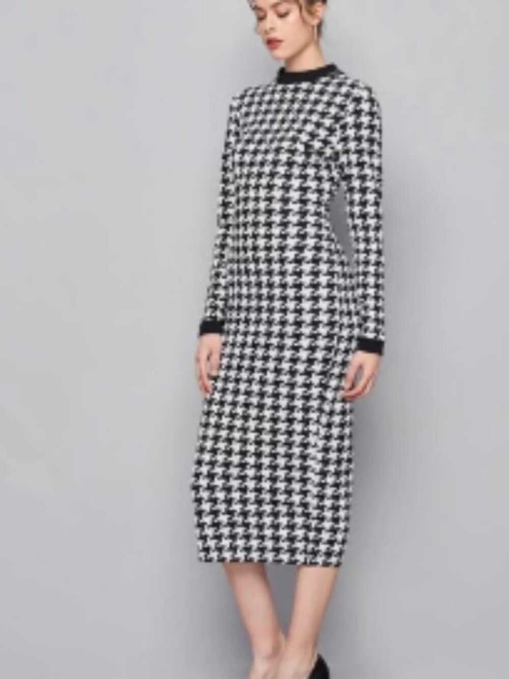 Houndstooth Print Mock Neck Midi Dress